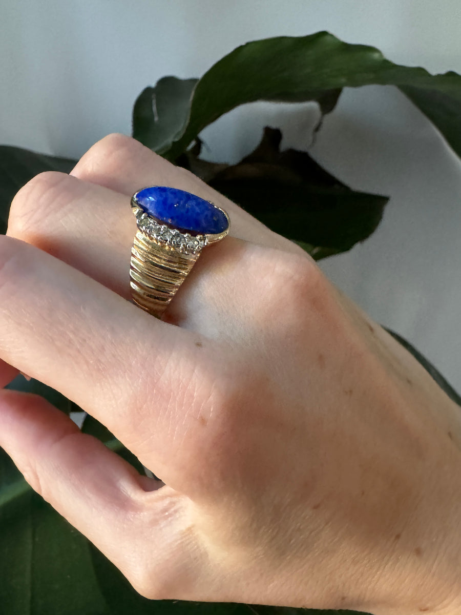 18K Gold Plate Lapis Glass Gold Ring Size 7.5