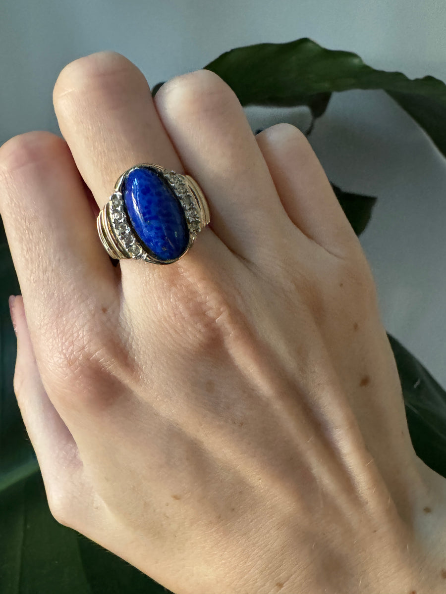 18K Gold Plate Lapis Glass Gold Ring Size 7.5