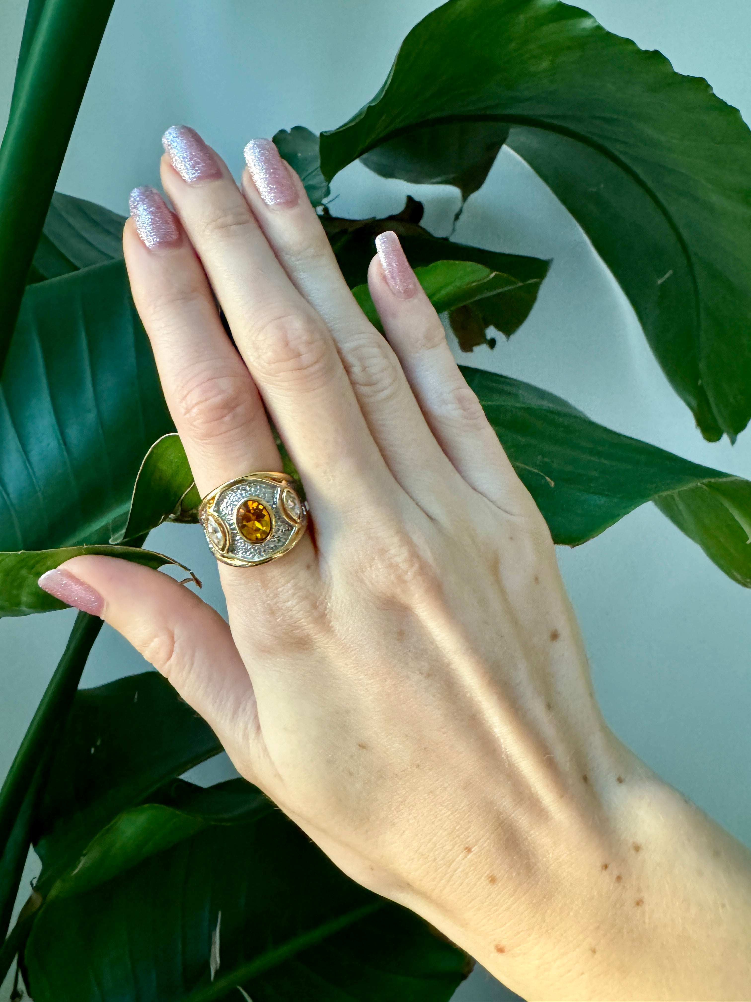 Gorgeous Orange Crystal Silver & Gold Cocktail Ring Size 7.5