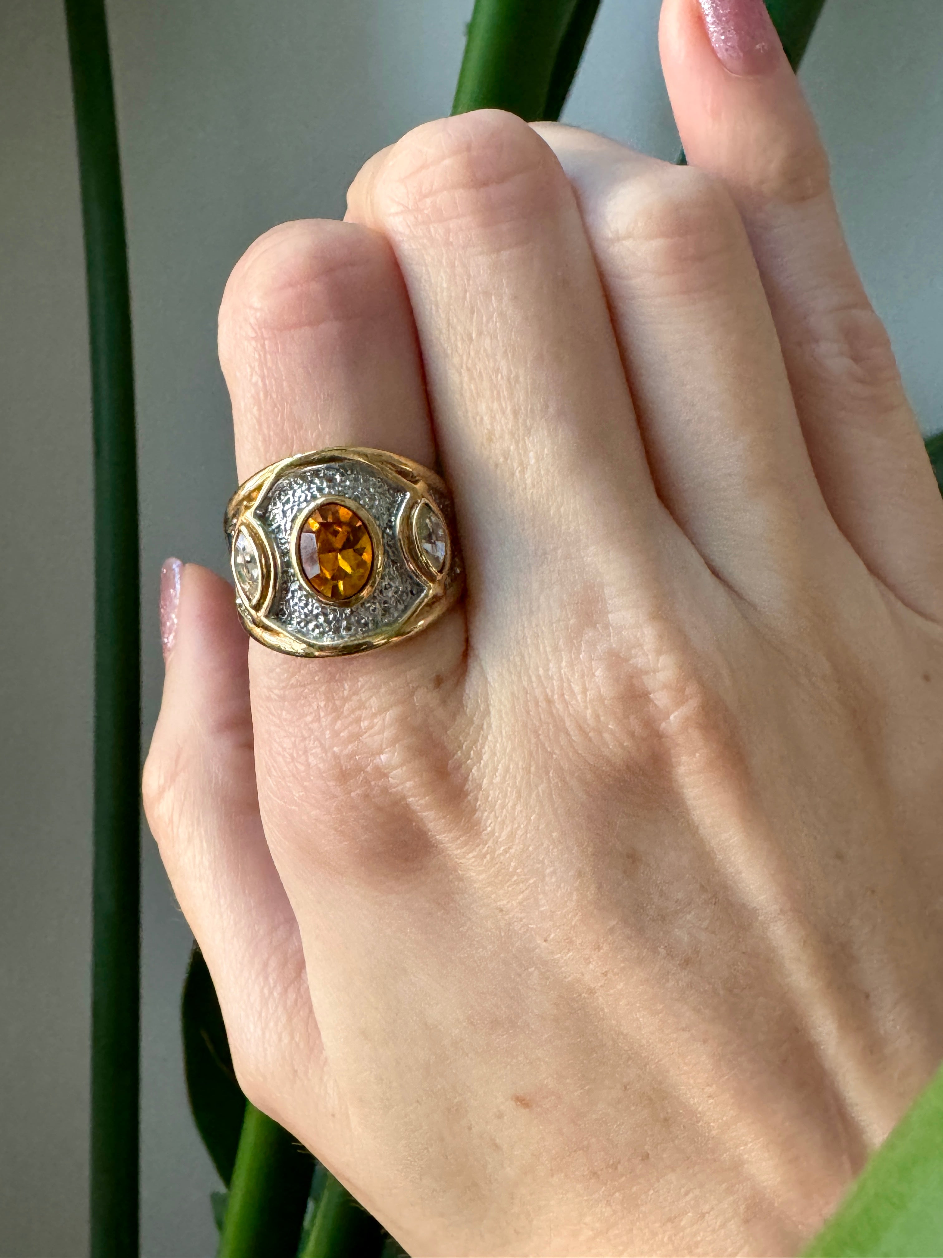 Gorgeous Orange Crystal Silver & Gold Cocktail Ring Size 7.5