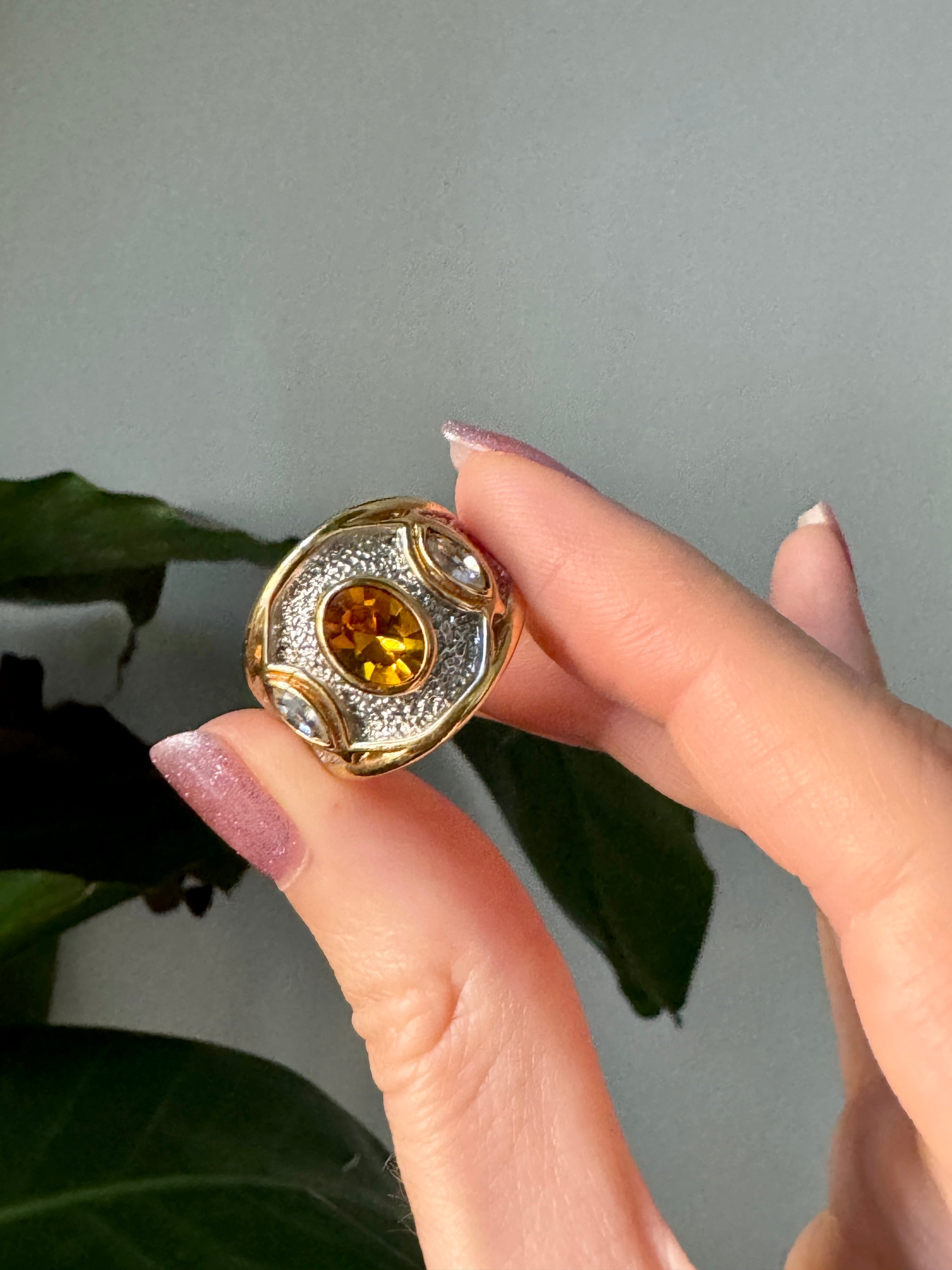 Gorgeous Orange Crystal Silver & Gold Cocktail Ring Size 7.5