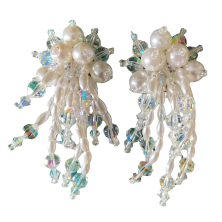 80s Faux Pearl And Crystal Cascade Earrings