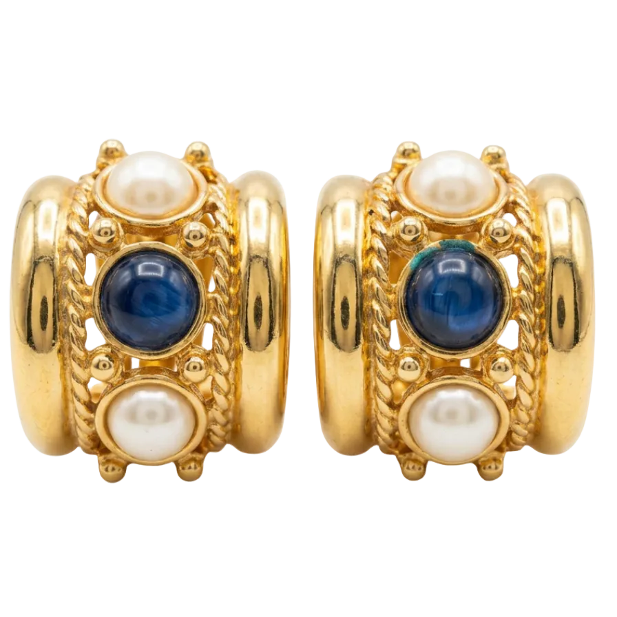 Joan Rivers Earrings with Blue Cabochons & Faux Pearls