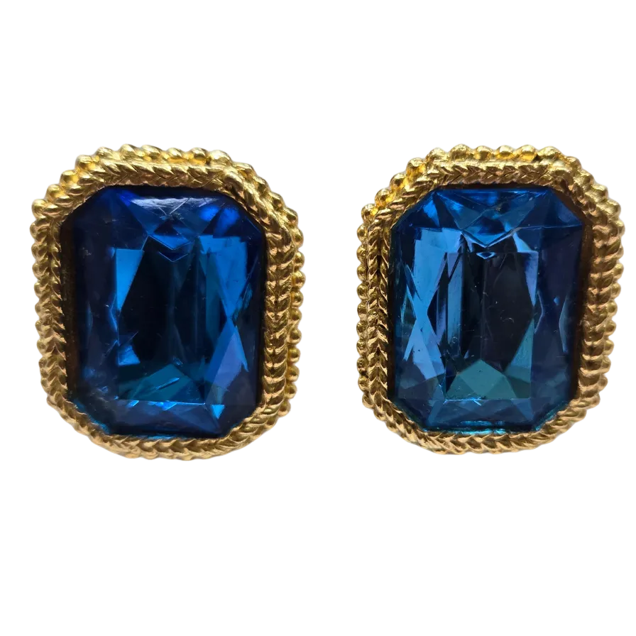 Vintage Emerald-Cut Blue Crystal Earrings