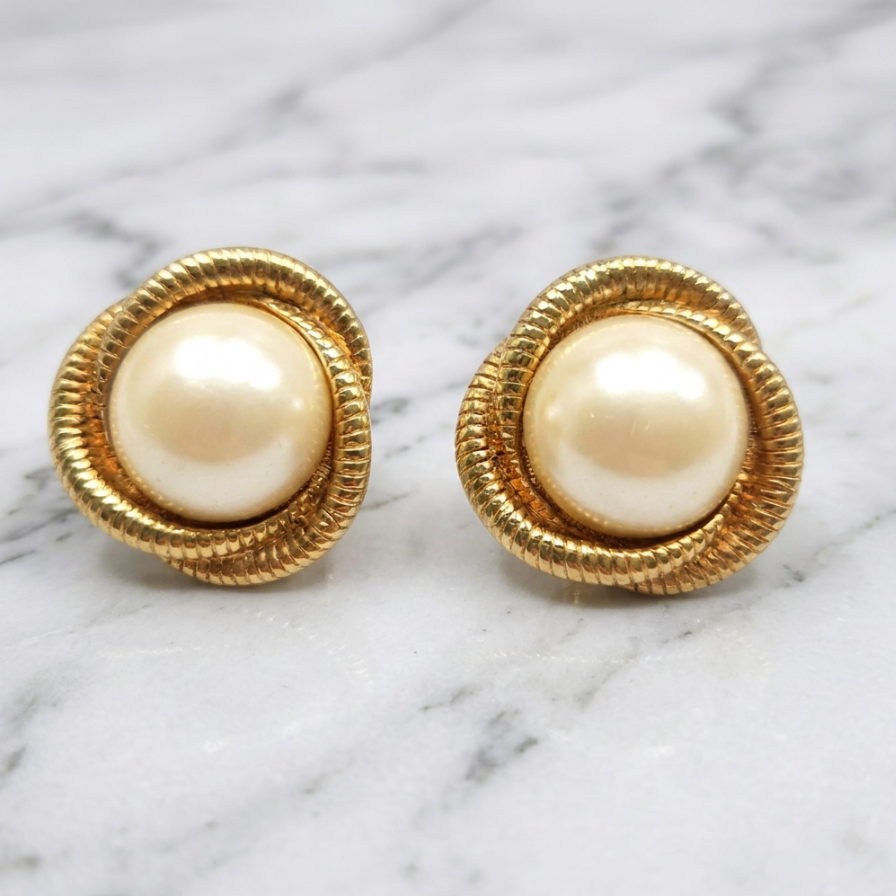 1980s Faux Pearl & Gold Rope Earrings