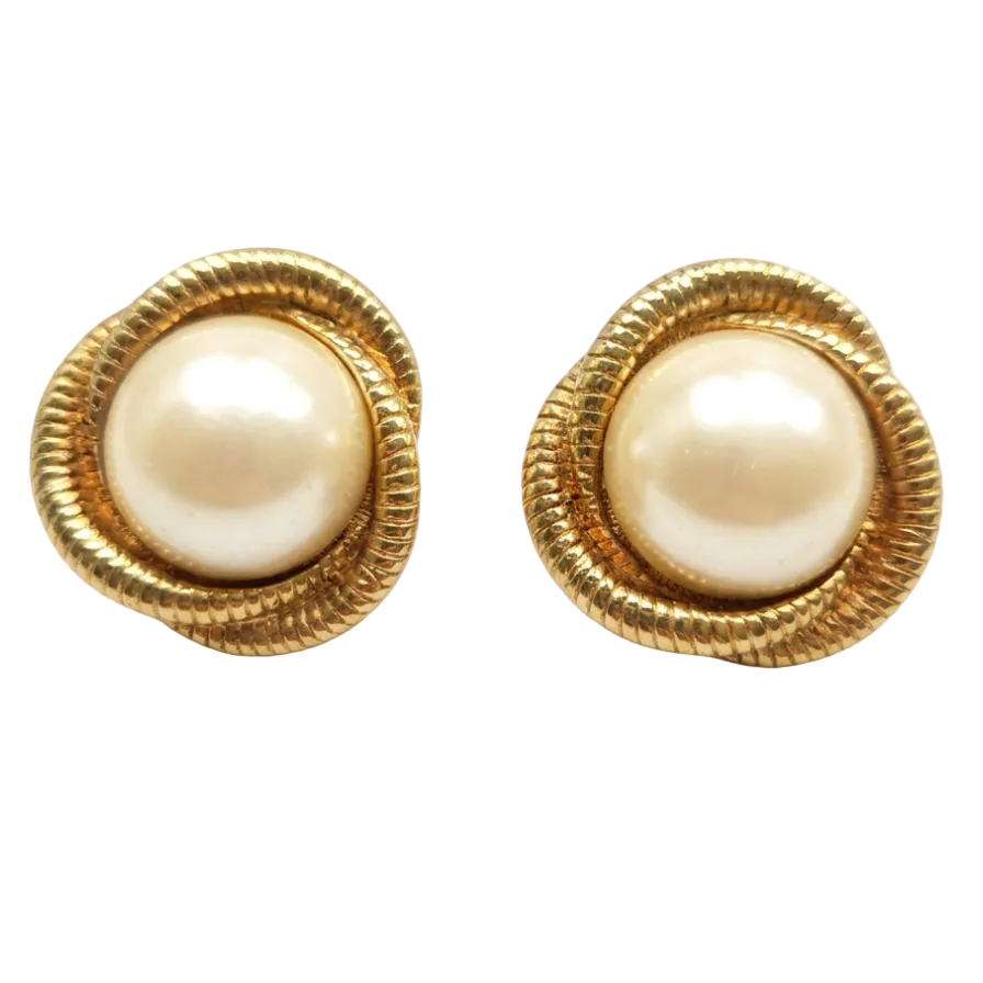 1980s Faux Pearl & Gold Rope Earrings