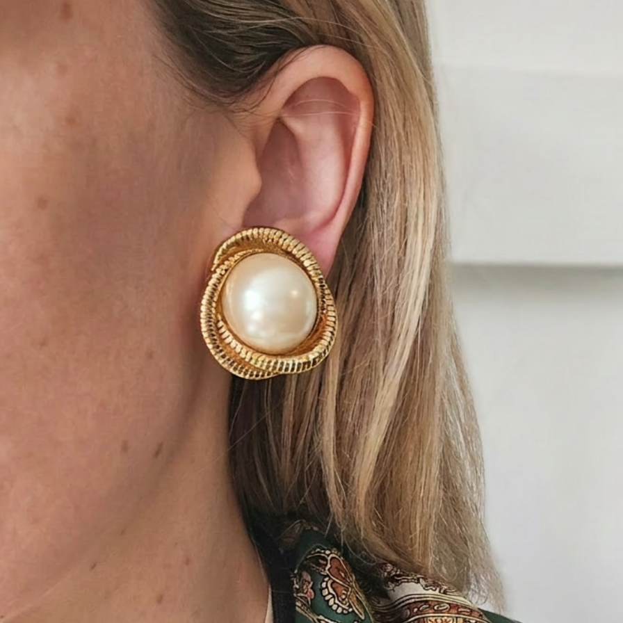 1980s Faux Pearl & Gold Rope Earrings