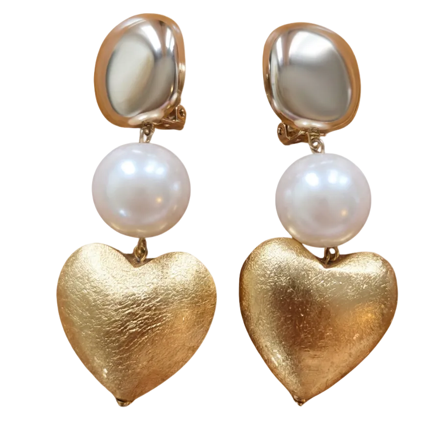 Heart Drop Earrings with Faux Pearls
