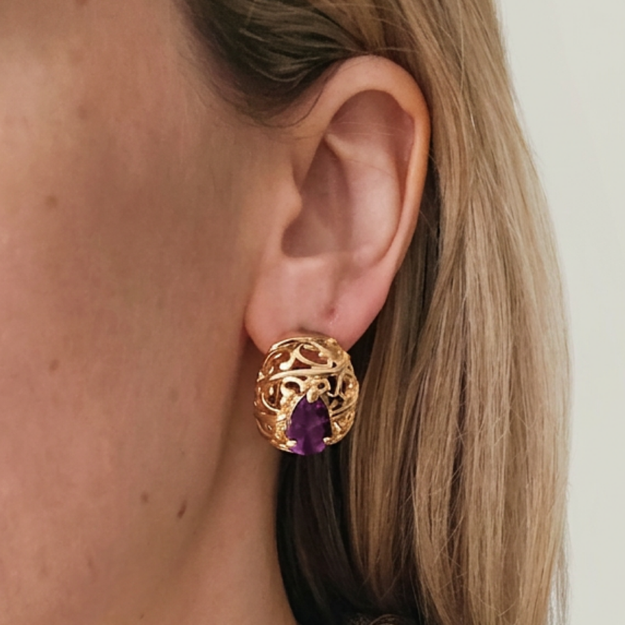 Vintage Gold Filigree Earrings with Amethyst Crystal