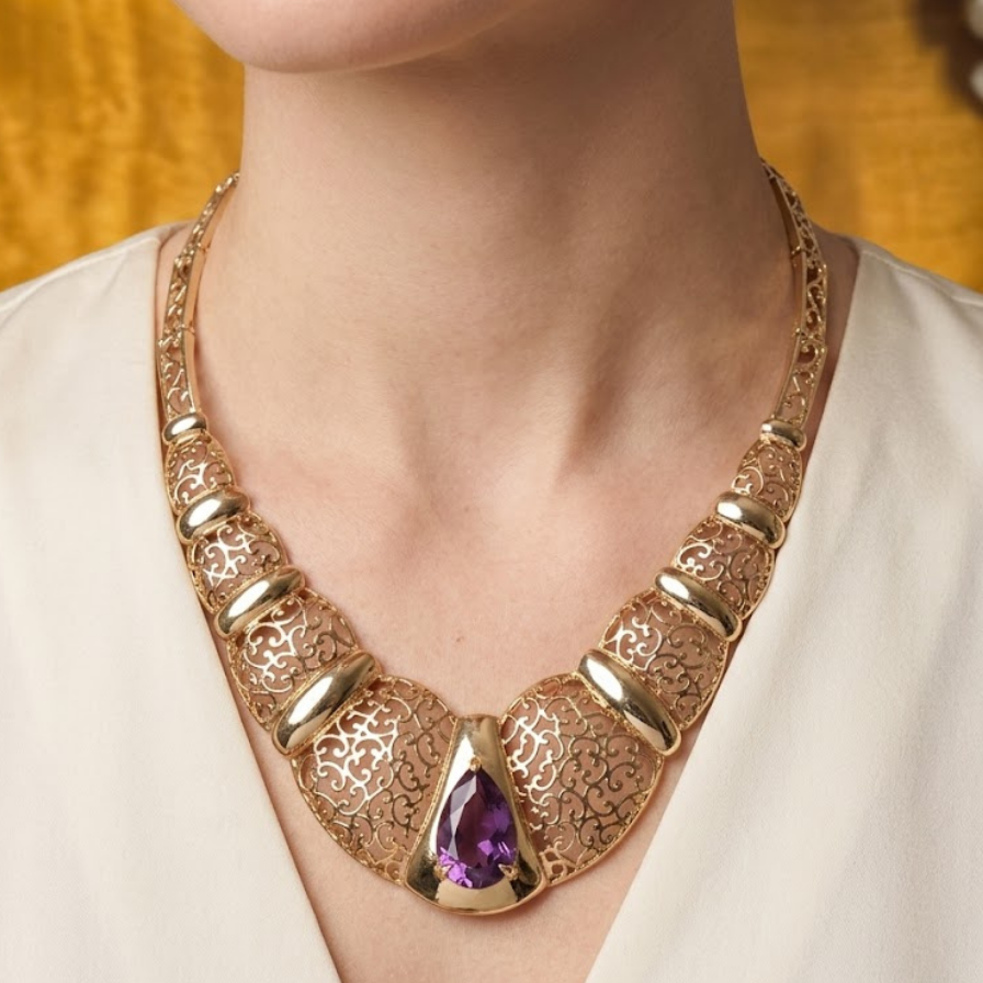 Vintage Gold Collar Necklace with Amethyst Pendant