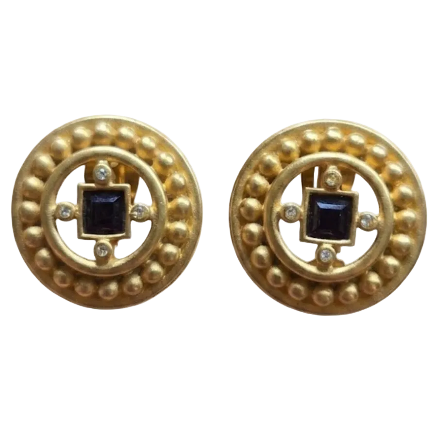 Vintage Gold Earrings with Square Purple Stone and Crystal Accents