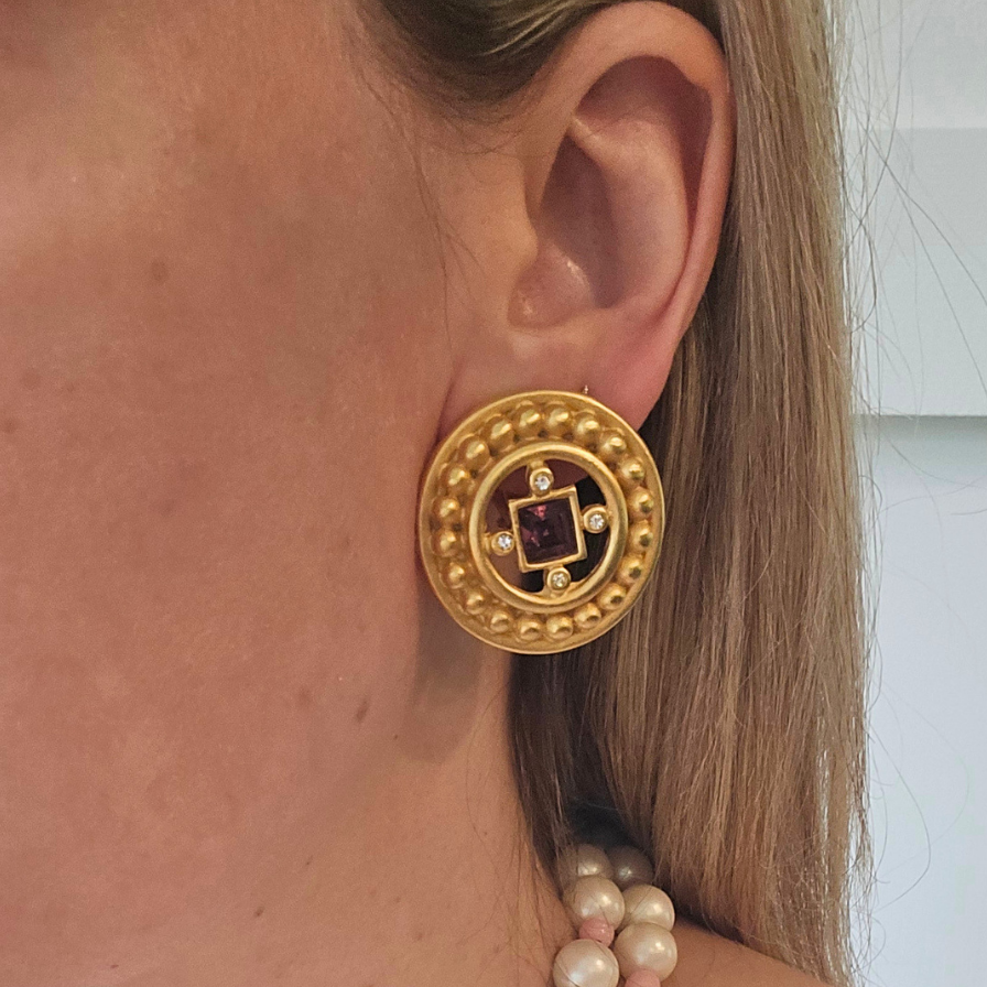 Vintage Gold Earrings with Square Purple Stone and Crystal Accents