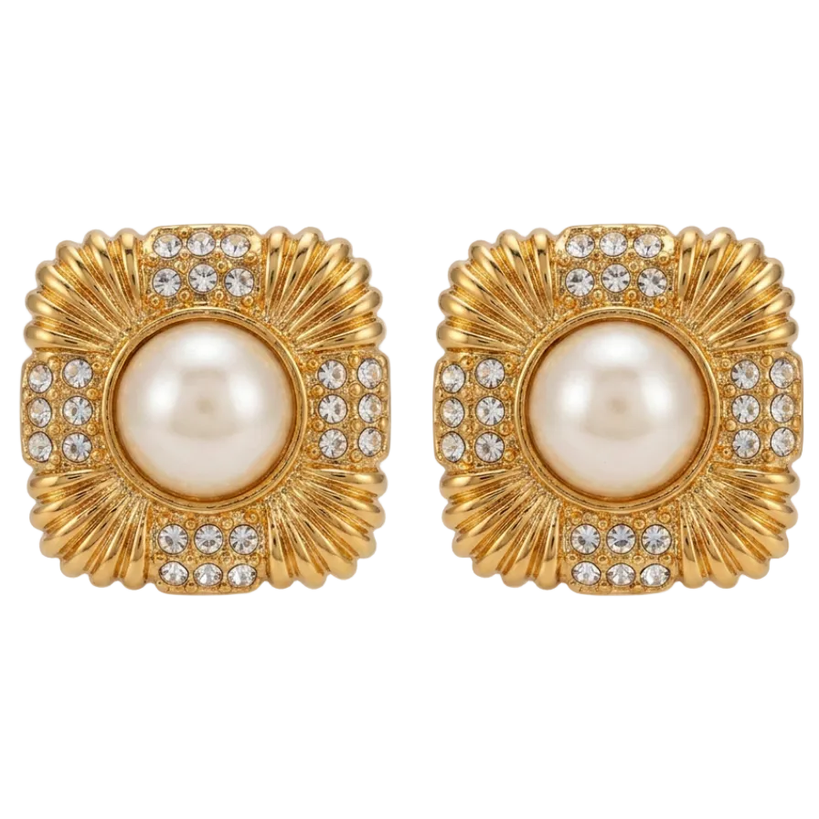 Vintage Gold Faux Pearl & Crystal Earrings