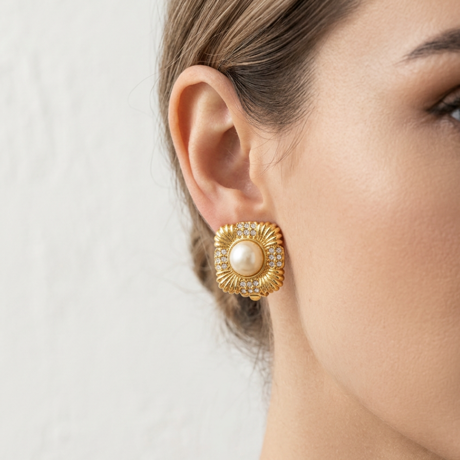Vintage Gold Faux Pearl & Crystal Earrings