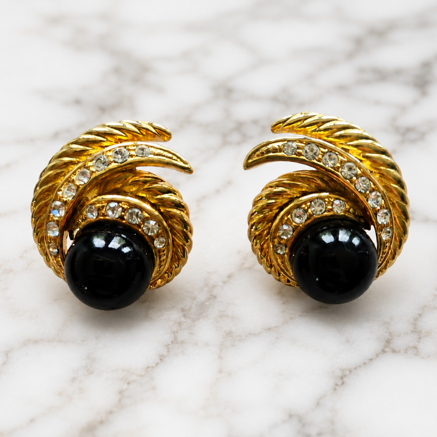 Vintage Gold Onyx Statement Earrings with Crystals