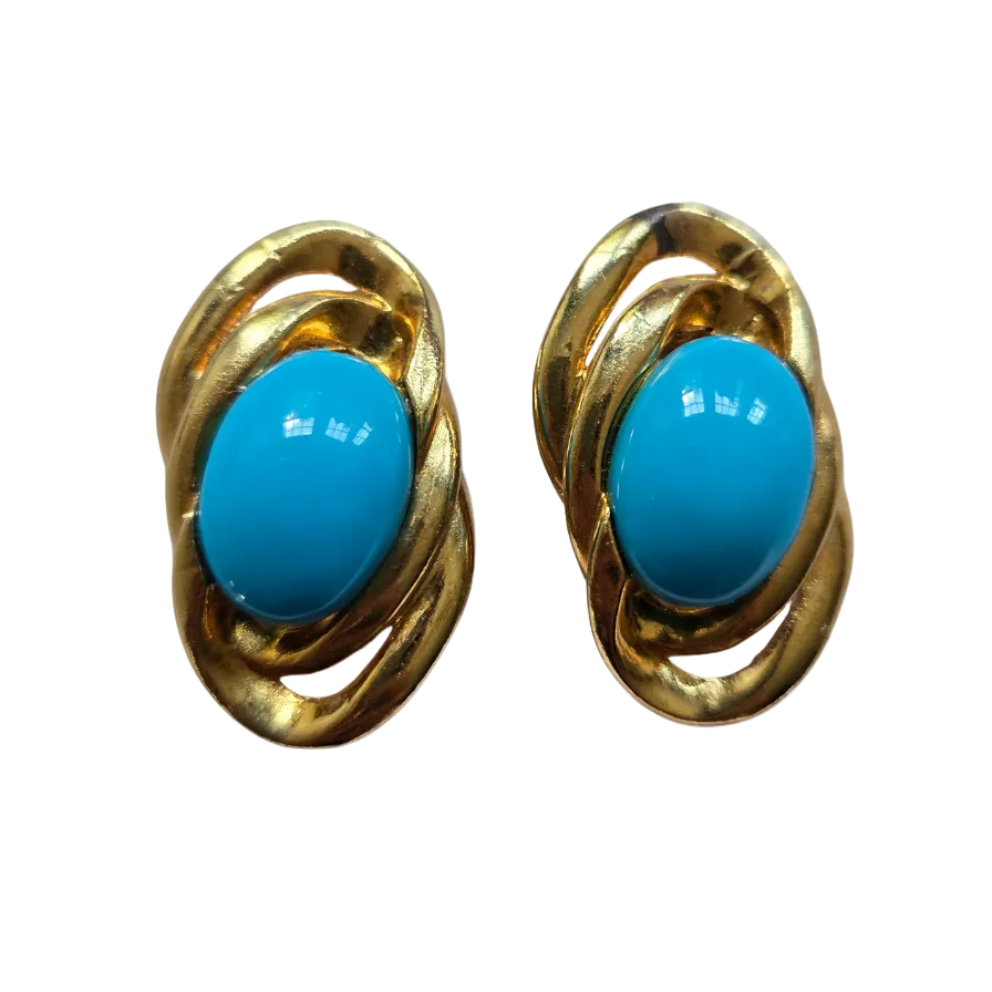 Vintage Gold Tone andTurquoise Oval Earrings