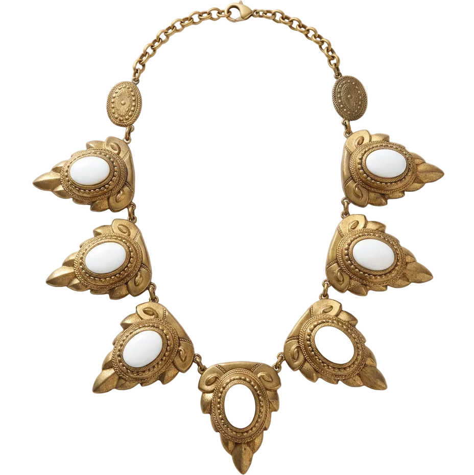 Vintage 1950s Ornate Brass & White Enamel Collar Necklace