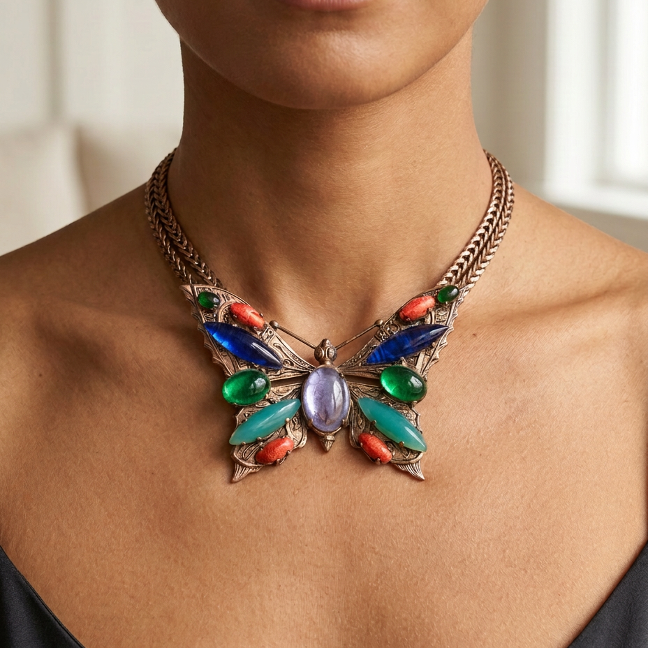 A close-up of a model wearing a large butterfly-shaped statement necklace. The necklace features a bronze-toned metal base adorned with multiple colorful stones, including blue, green, purple, and orange-red accents, worn over a black top.