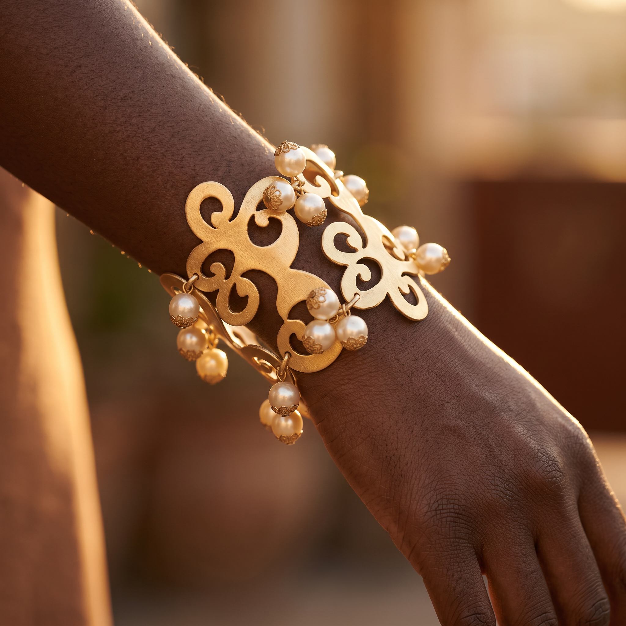 A close-up of a person's wrist wearing a wide gold cuff bracelet decorated with dangling pearl-like beads and textured gold accents, set against a warm, softly blurred background.