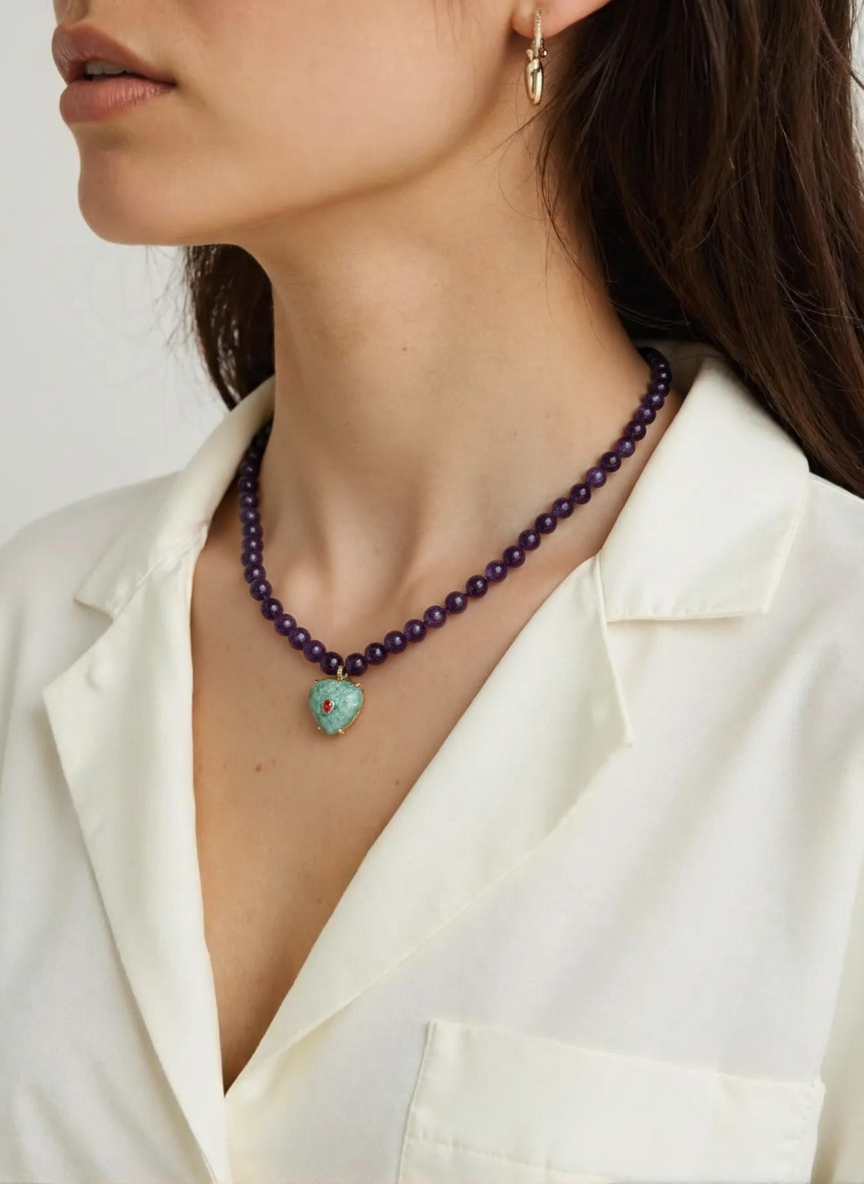 Amethyst Bead & Phoenix Stone Heart Necklace