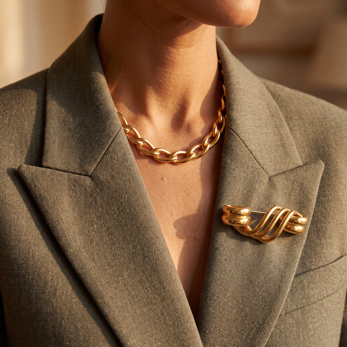 A close-up of a person wearing a chunky gold chain necklace and a matching gold twisted brooch pinned to their olive green blazer.