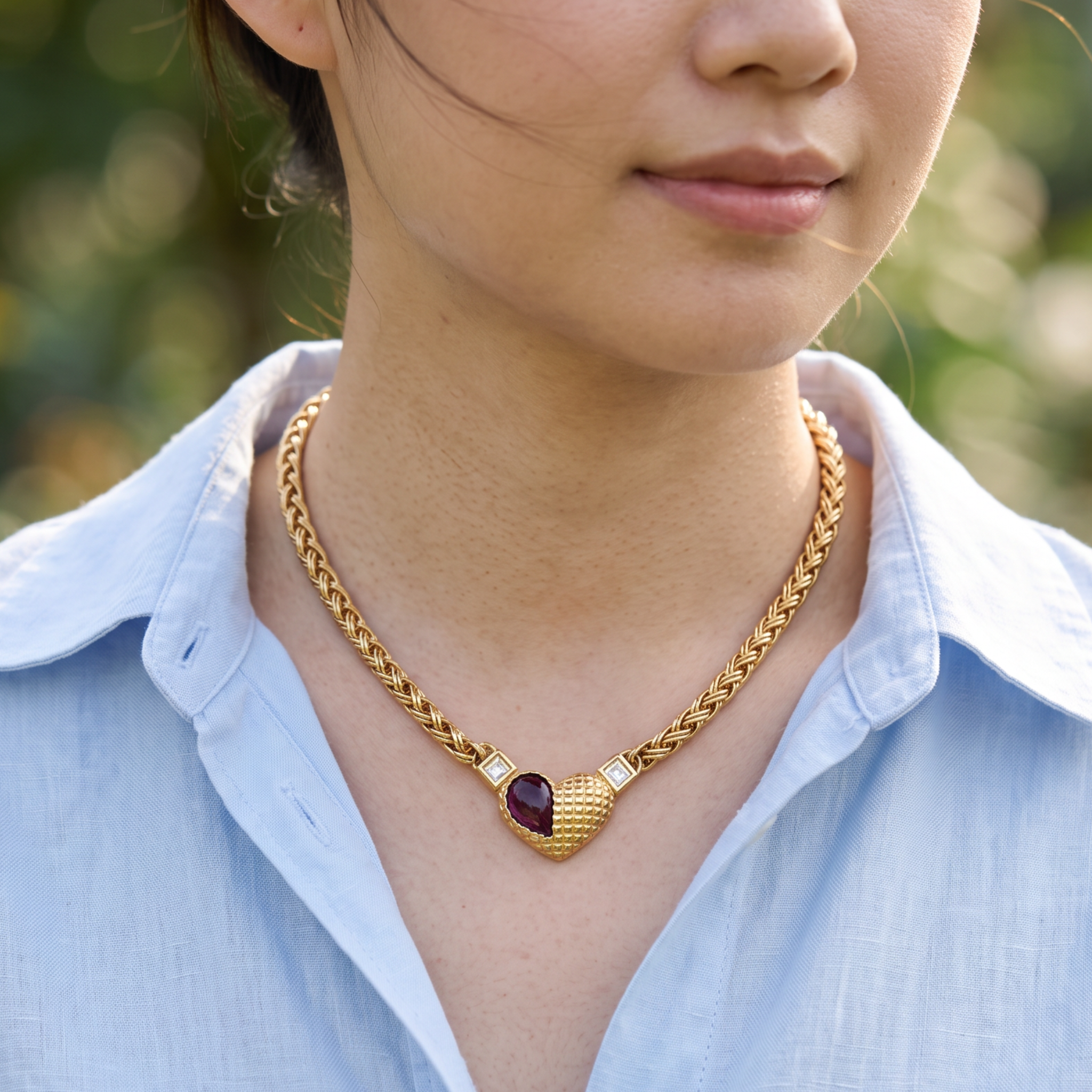 Vintage 90s Italian Quilted Red Glass Heart Necklace