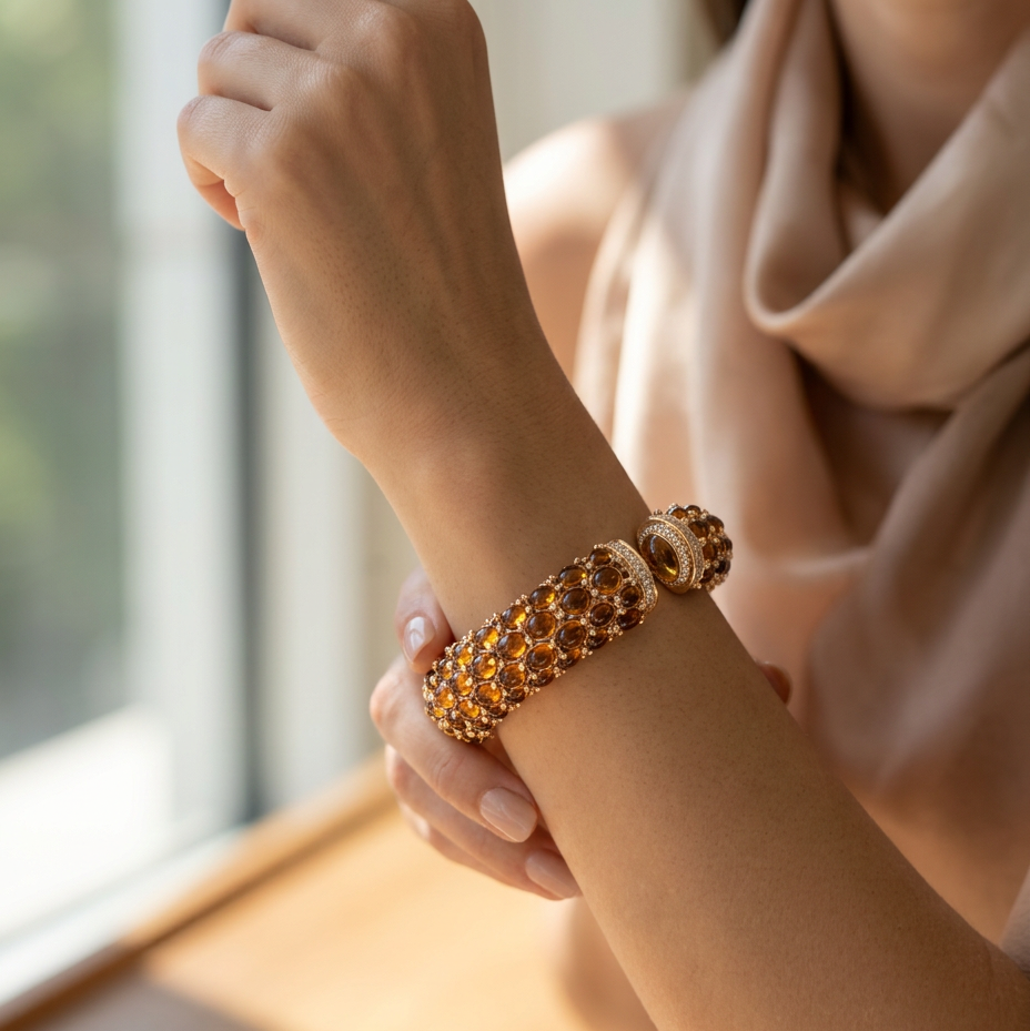 A close-up lifestyle shot of a woman wearing a gold-plated cuff bracelet adorned with amber-colored gemstones, set against a soft-focus background of a window and beige fabric.