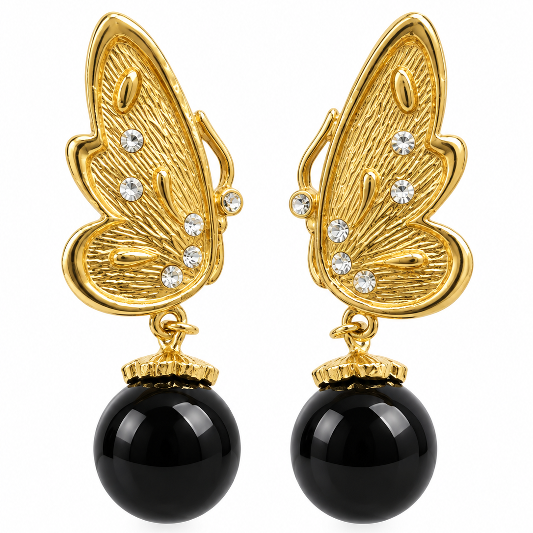 Vintage Gold Butterfly & Black Resin Drop Earrings