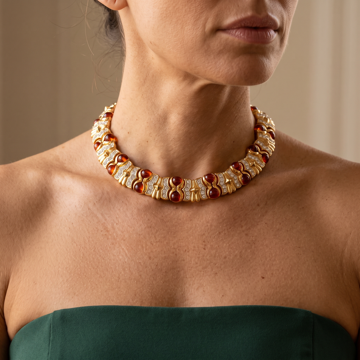 Exceptional Vintage 80s Mogul Amber Glass Necklace Set