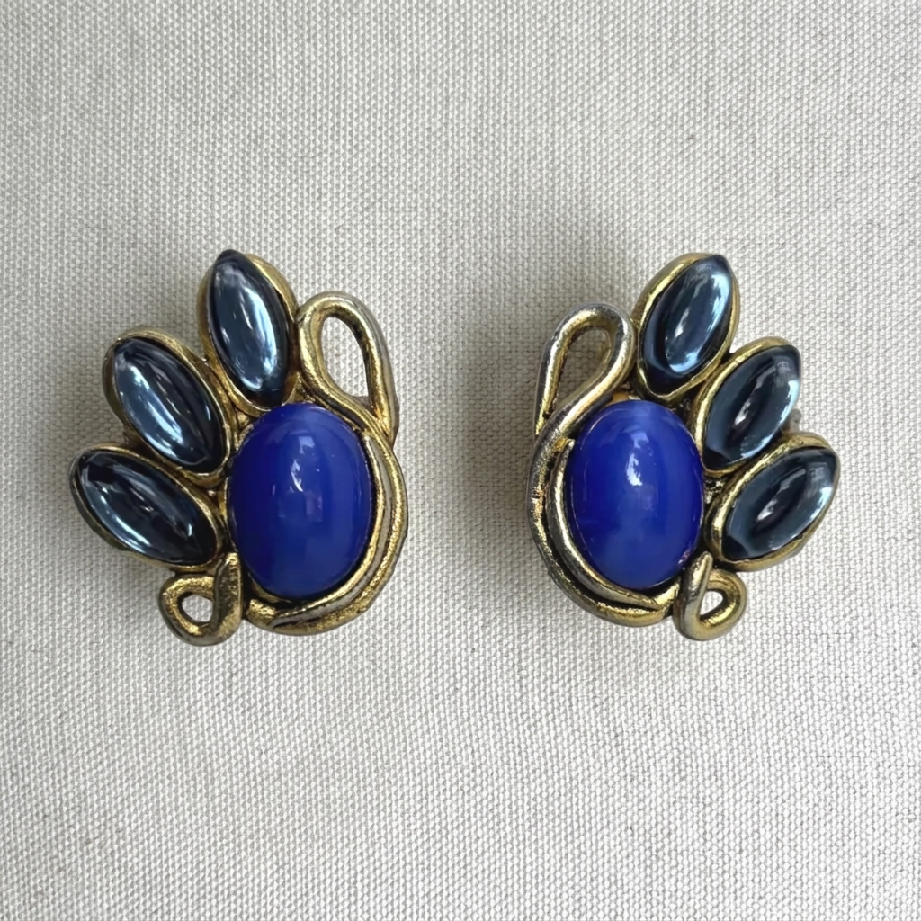 Vintage French Blue Glass Swan Clip Earrings
