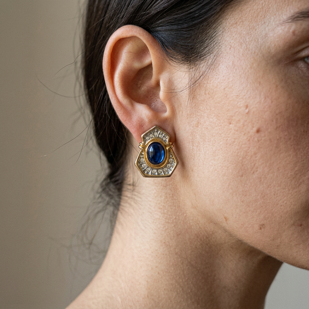 Vintage 90s French Mogul Blue Glass Clip Earrings