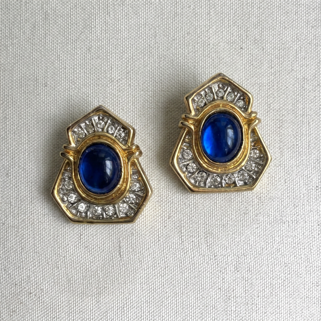 Vintage 90s French Mogul Blue Glass Clip Earrings