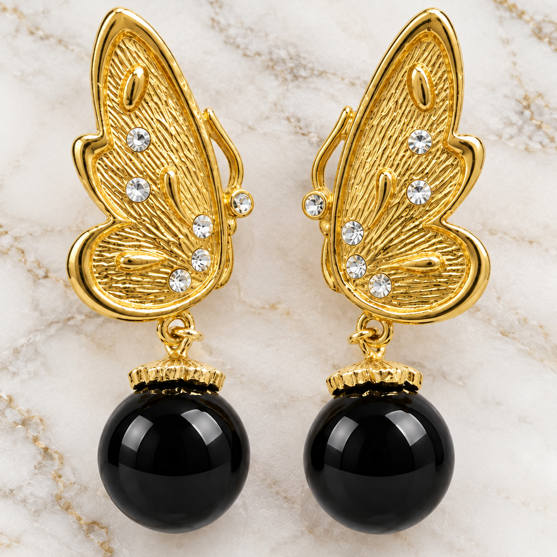 Vintage Gold Butterfly & Black Resin Drop Earrings