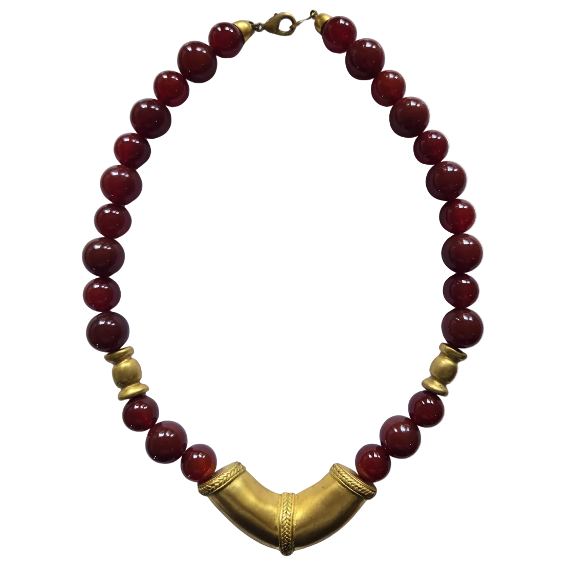 Vintage Etruscan Carnelian Bead Necklace With Gold Pendant