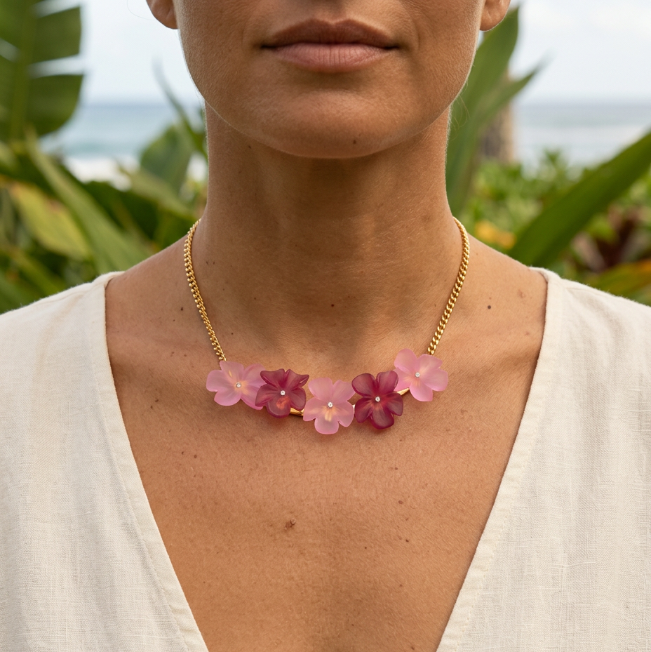 Vintage French French Lucite Pink Flower Necklace