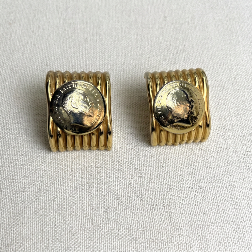 Vintage 1980s French Gold Coin Clip Earrings