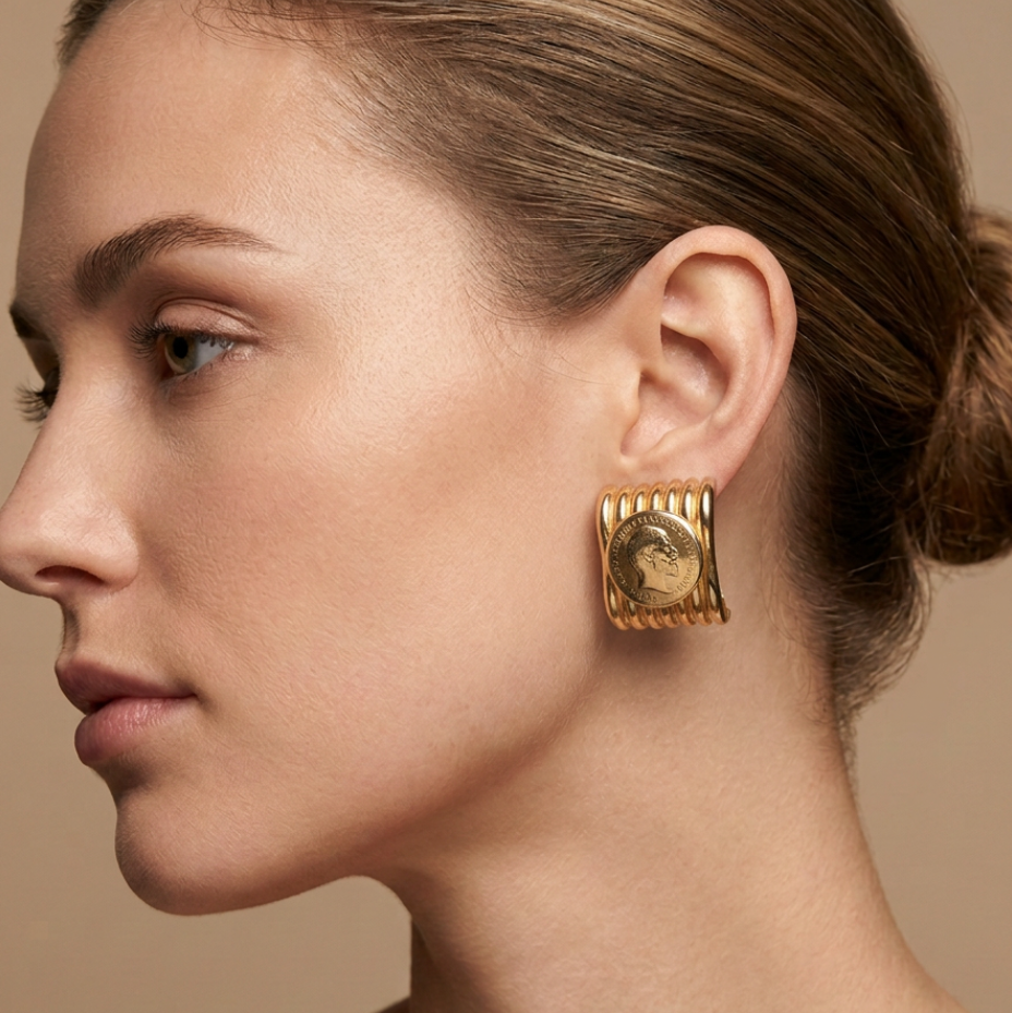 Vintage 1980s French Gold Coin Clip Earrings