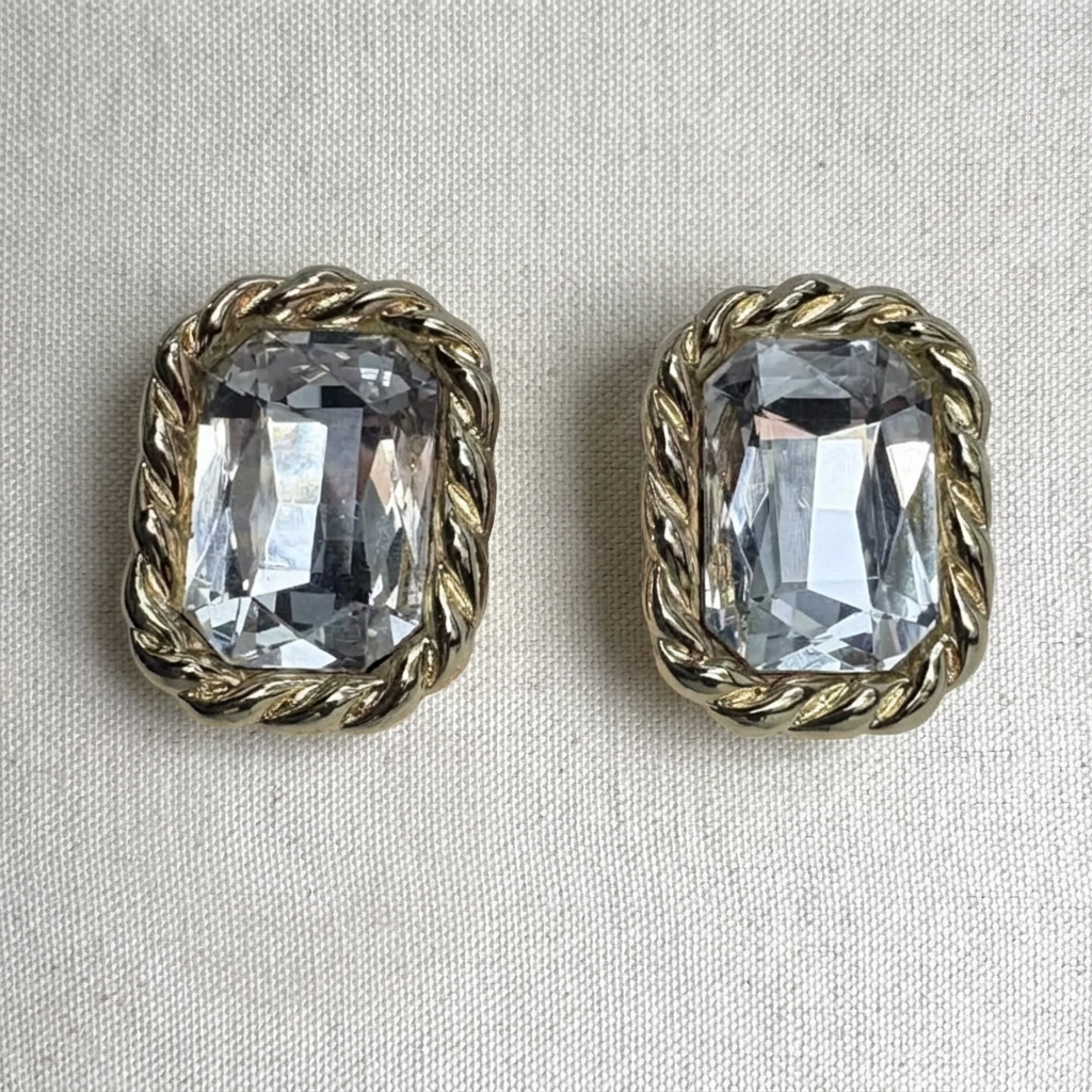 HUGE Emerald-Cut Crystal Gold Clip Earrings