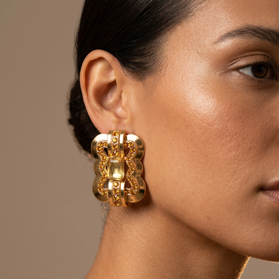 A close-up of a model's ear and side profile wearing a large, chunky gold hoop earring with textured, sculptural details.