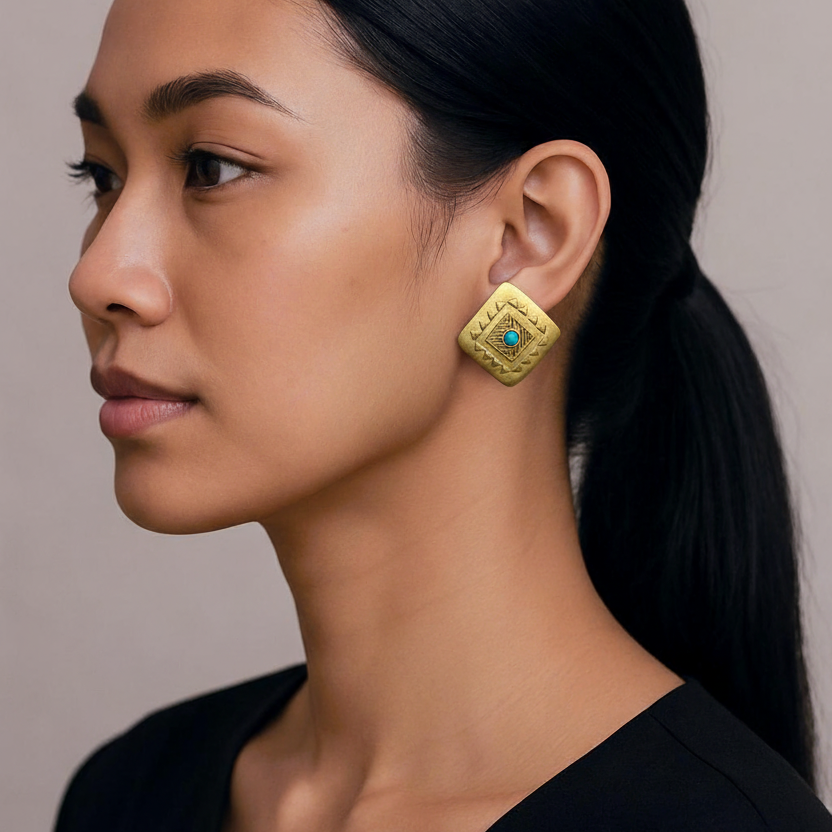 Vintage 70s Gold and Turquoise Post Earrings