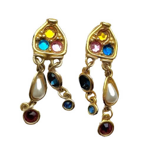 90s Italian Jewel Crystal & Faux Pearl Dangle Clip On Earrings