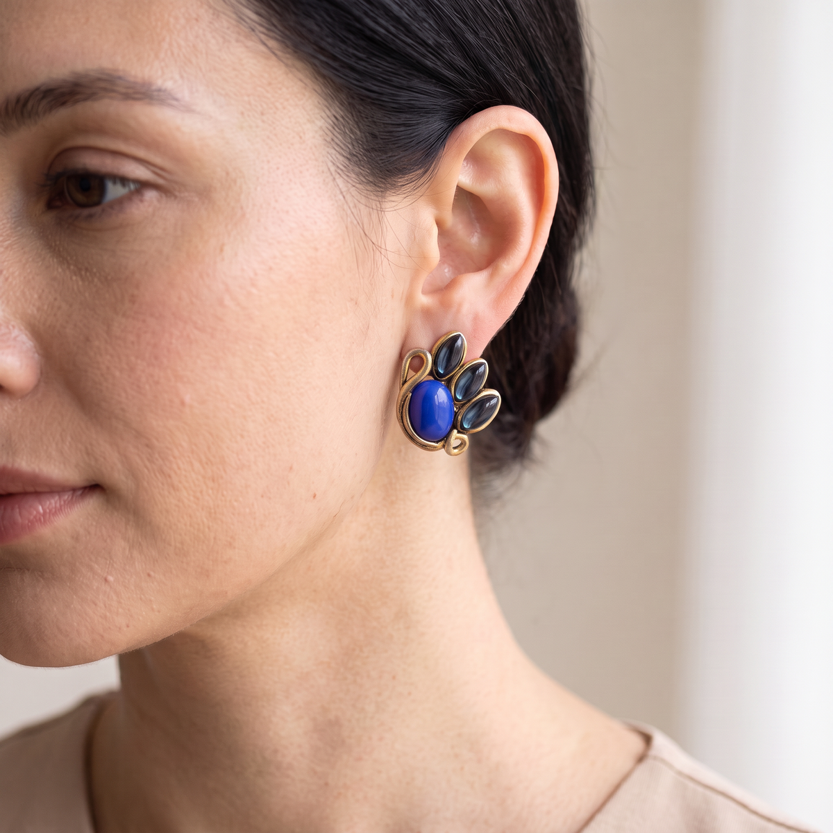 Vintage French Blue Glass Swan Clip Earrings