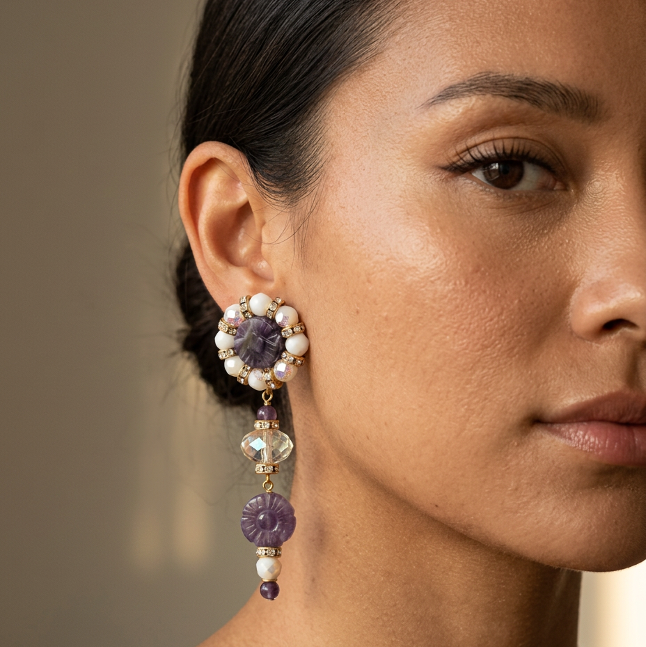 Amethyst and Pearl Flower Drop Earrings