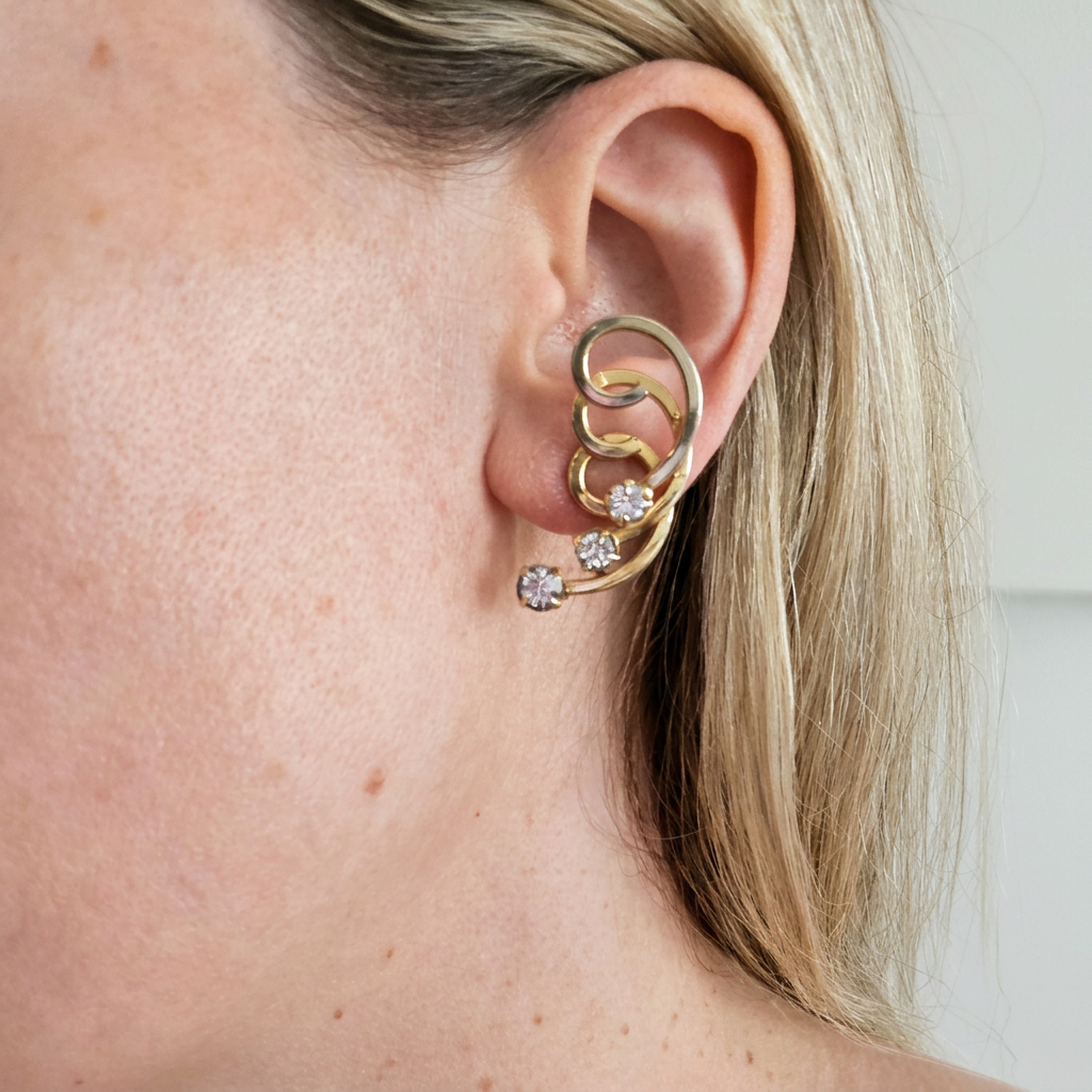 Vintage Gold Swirl & Crystal Clip-On Earrings