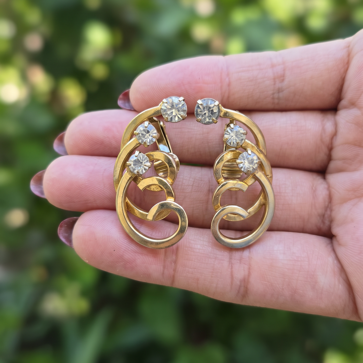 Vintage Gold Swirl & Crystal Clip-On Earrings
