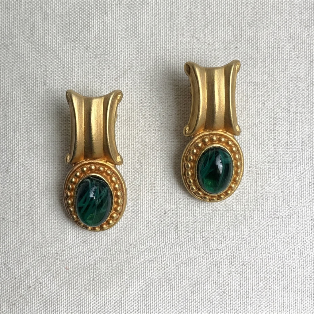 Vintage French Mogul Green Glass & Gold Earrings