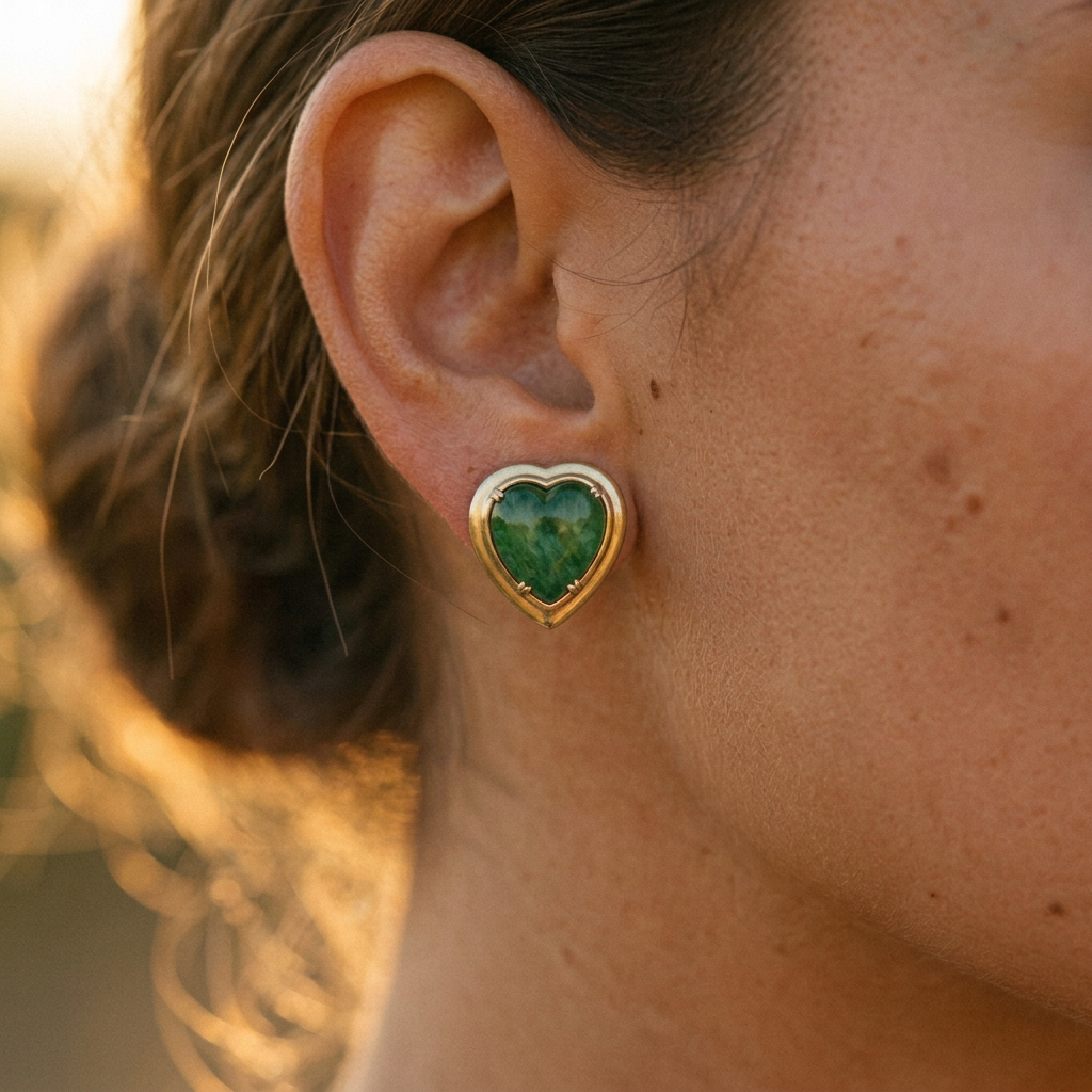 Vintage Italian Gilt Sterling Green Glass Heart Earrings