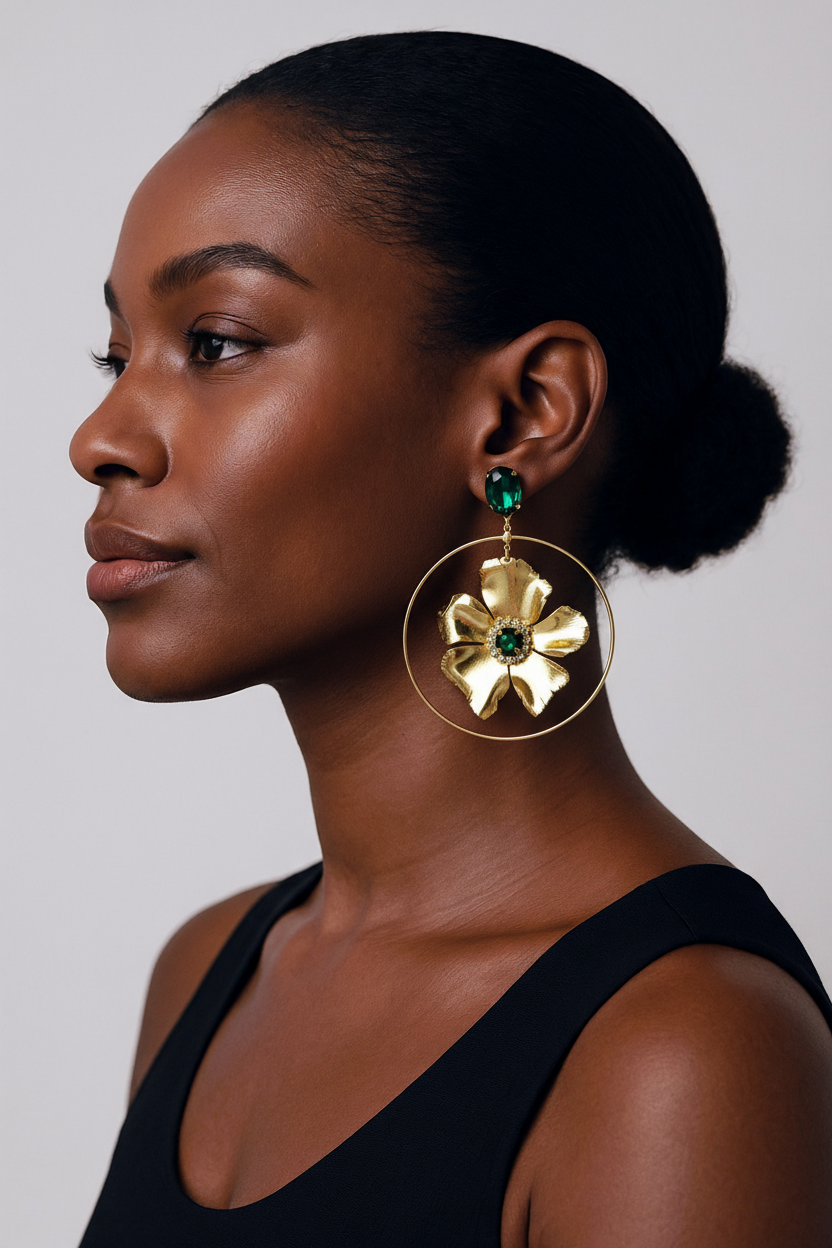 Hayden Emerald Gold Flower Hoop Earrings