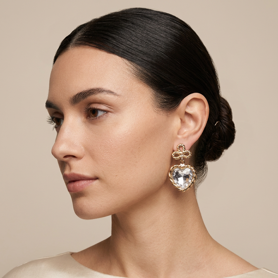 HUGE French Crystal Heart Clip Earrings