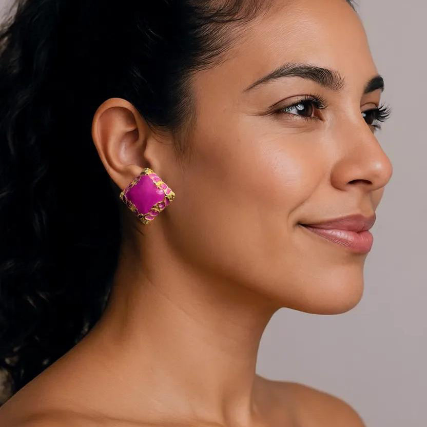 Vintage French Purple Enamel and Gold Earrings